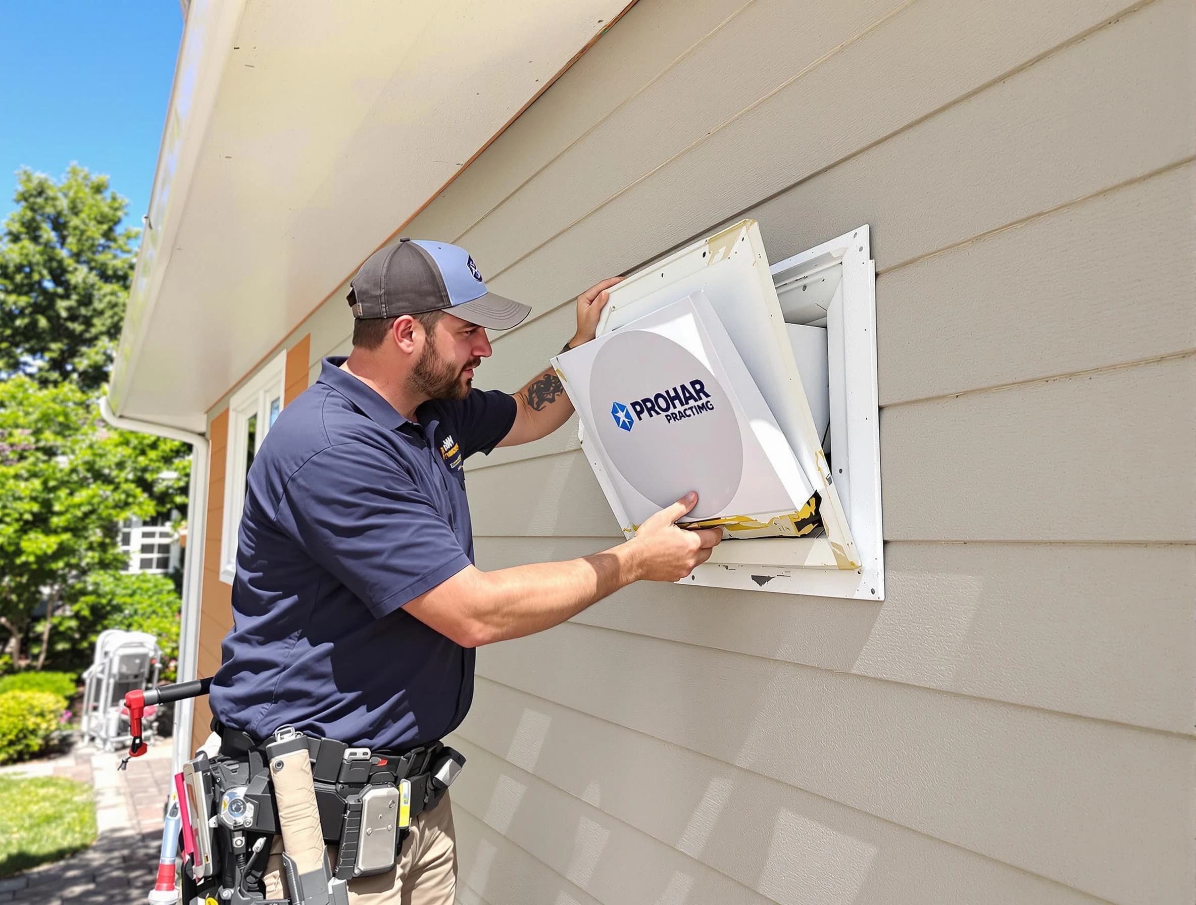 Lower Burrell Dryer Vent Cleaning technician installing a new protective dryer vent cover on a home in Lower Burrell