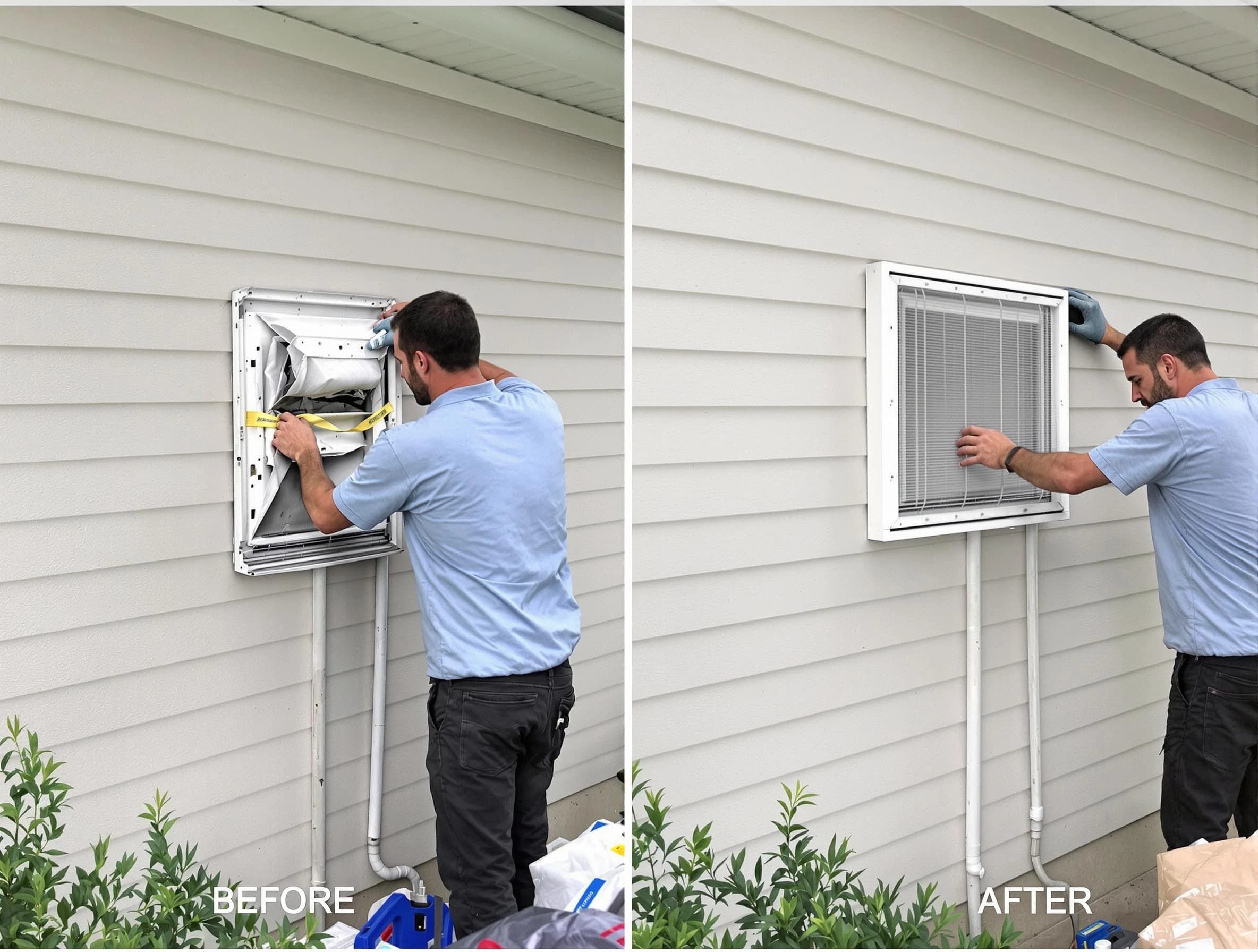 Lower Burrell Dryer Vent Cleaning technician installing high-quality dryer vent cover at a residential property in Lower Burrell