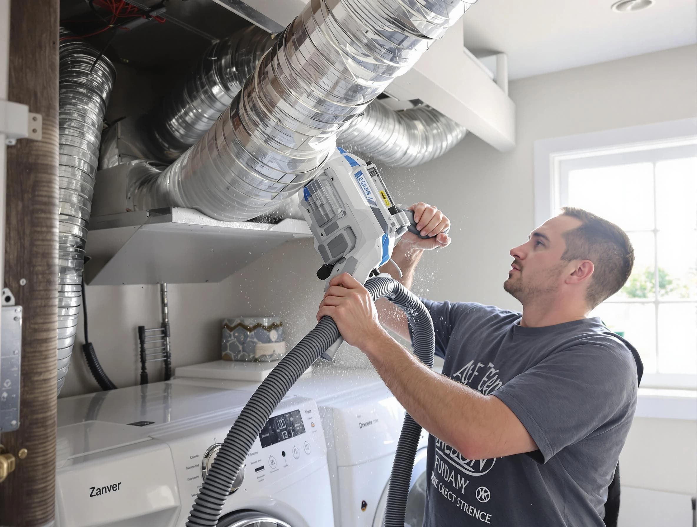 Lower Burrell Dryer Vent Cleaning specialist cleaning deep within a dryer vent duct system in Lower Burrell
