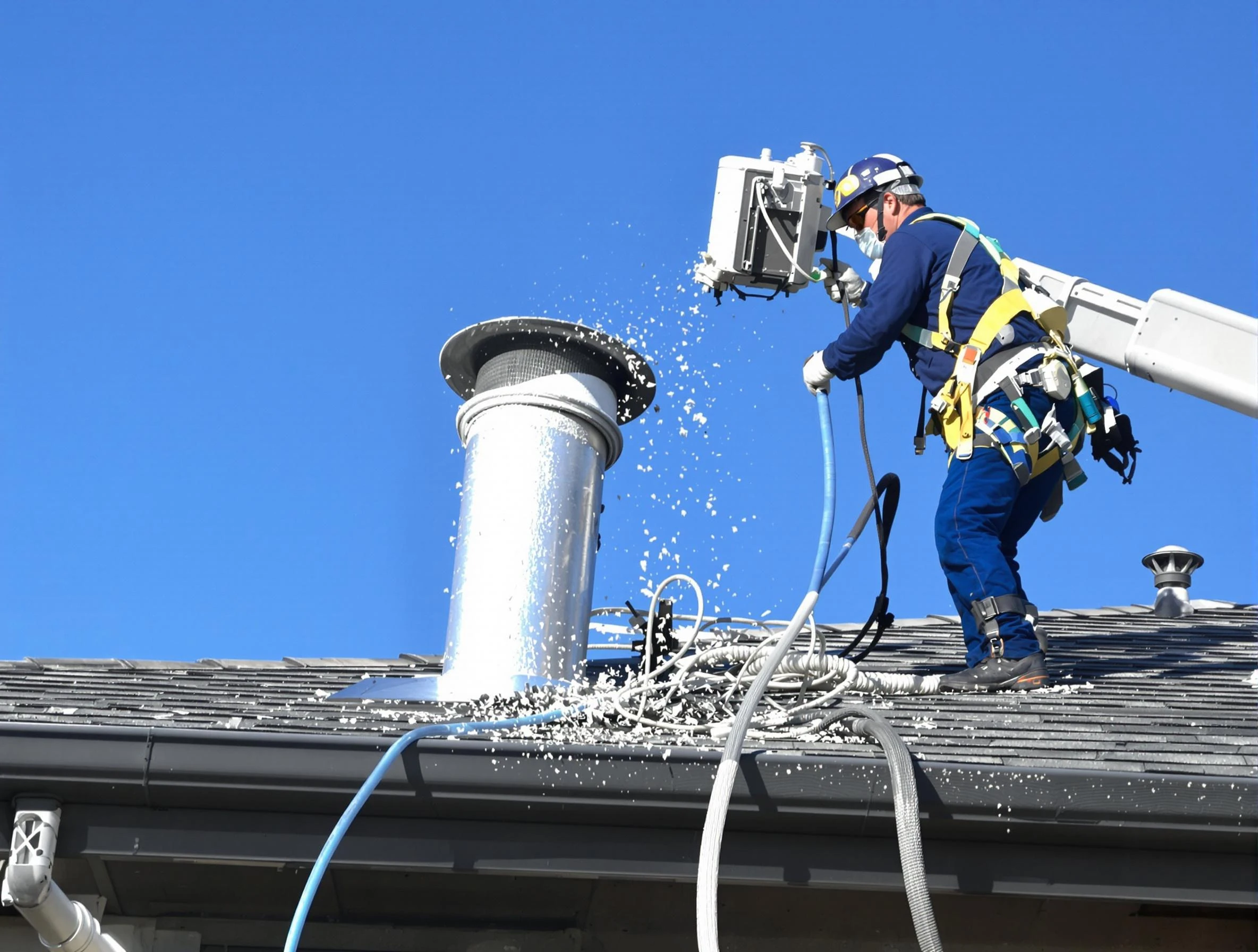 Lower Burrell Dryer Vent Cleaning certified technician safely cleaning a roof-mounted dryer vent in Lower Burrell